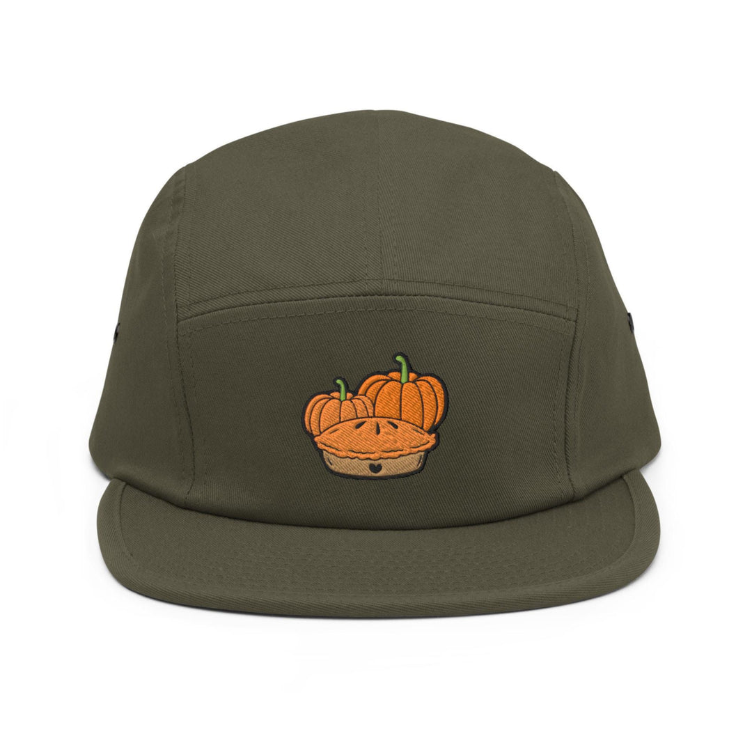 a green hat with a picture of a basket of pumpkins on it