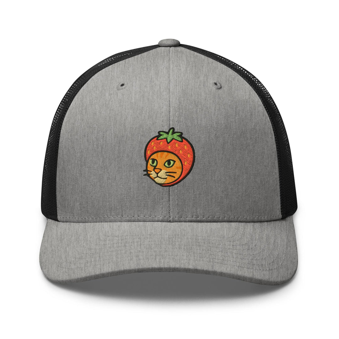 a gray trucker hat with an orange cat on it