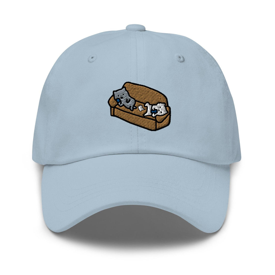 a light blue hat with an image of a sandwich with two cats on it