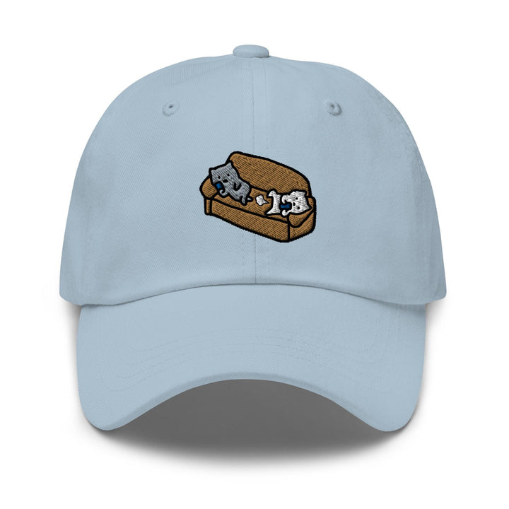 a light blue hat with an image of a sandwich with two cats on it
