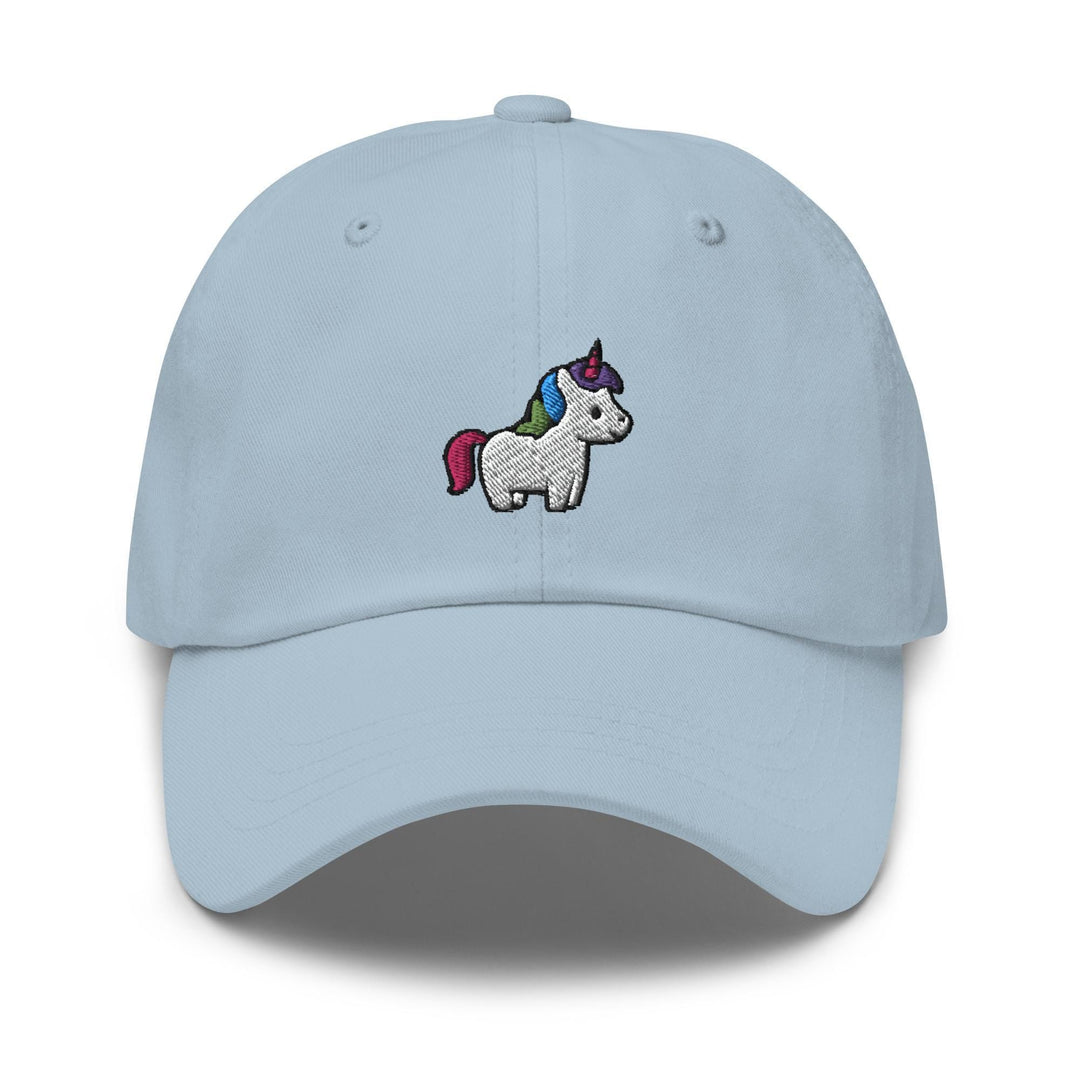 a light blue hat with a unicorn embroidered on the front