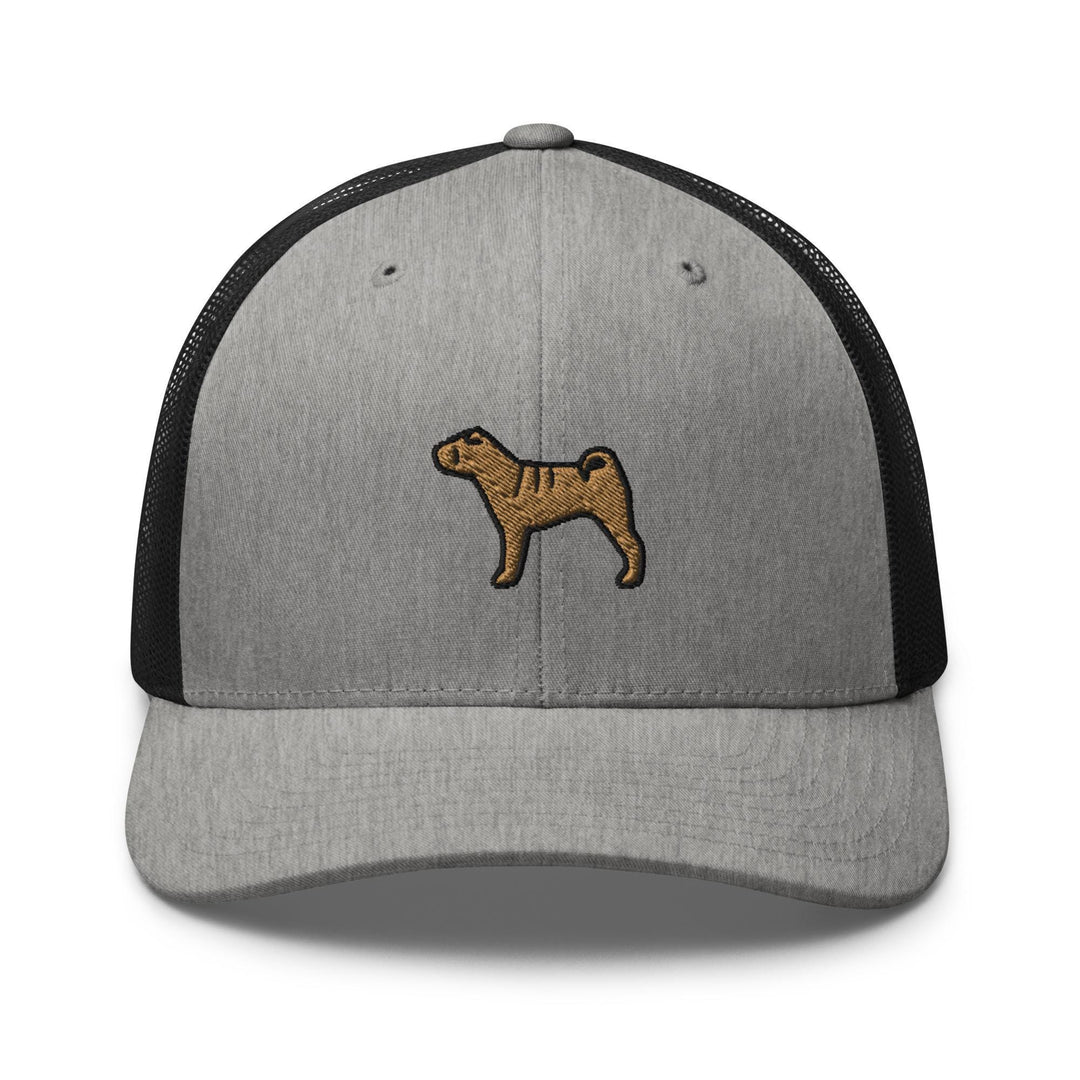 a gray and black hat with a brown dog on it