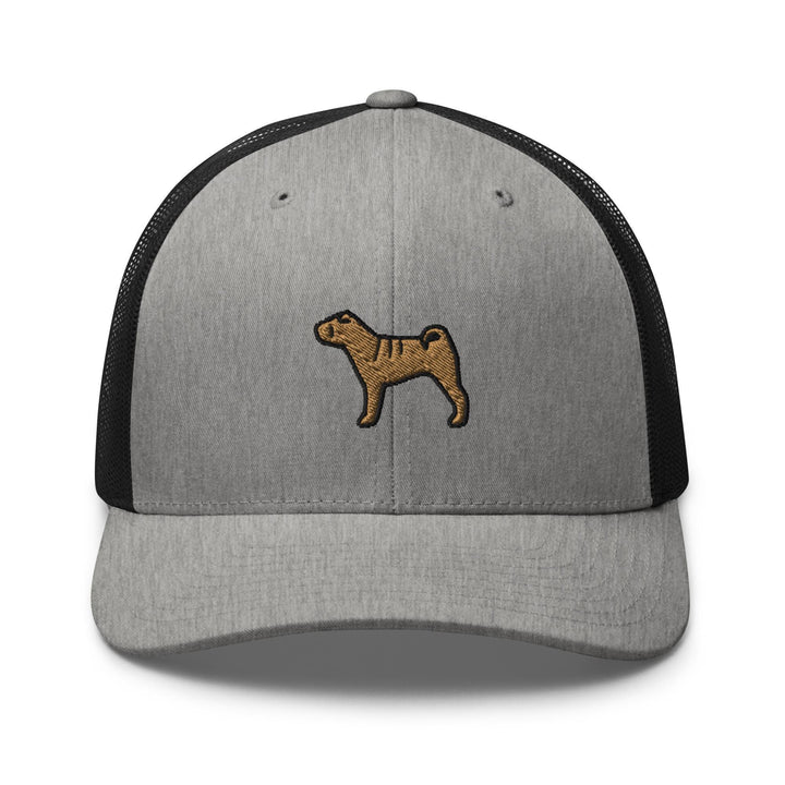 a gray and black hat with a brown dog on it