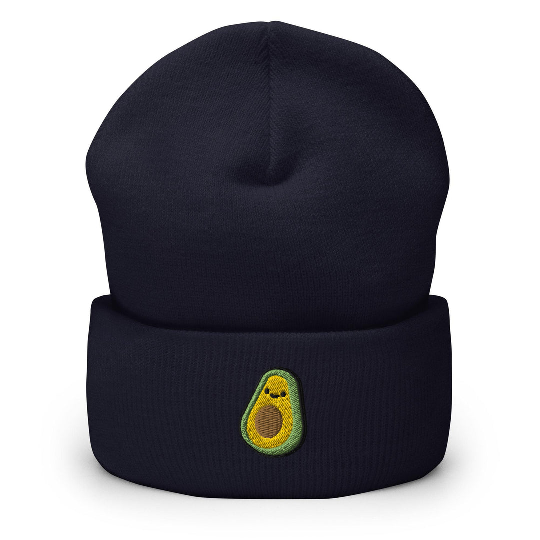 a beanie with an avocado embroidered on it