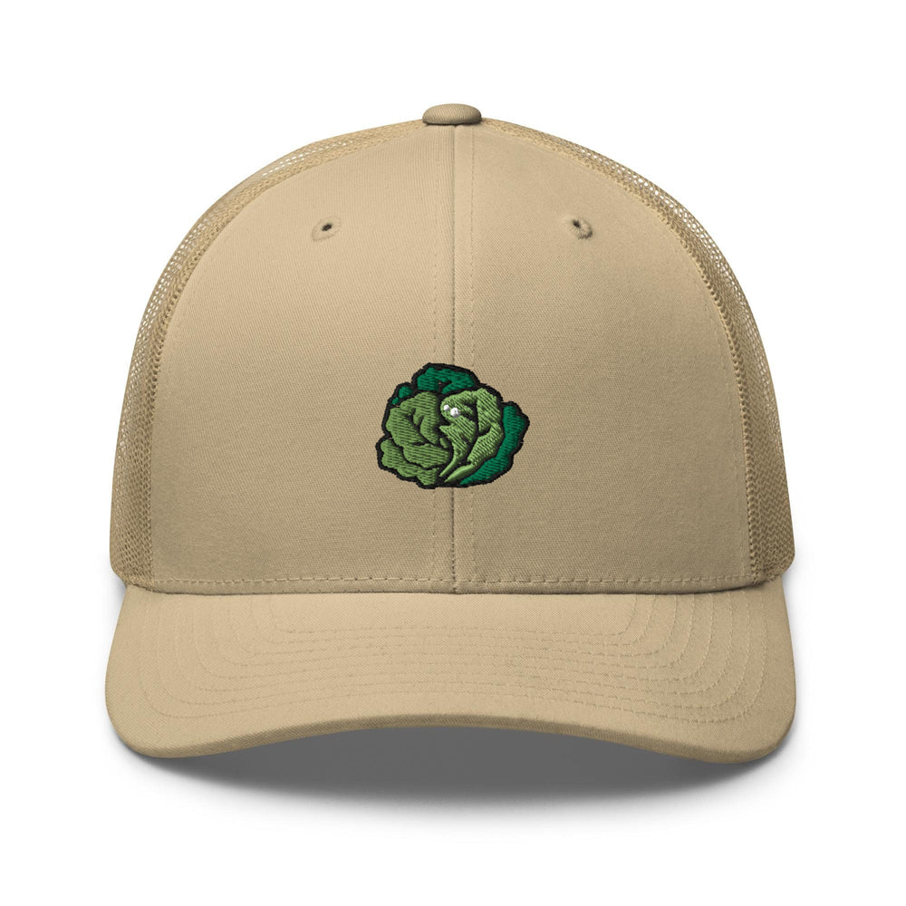 a tan trucker hat with a green cabbage embroidered on the front