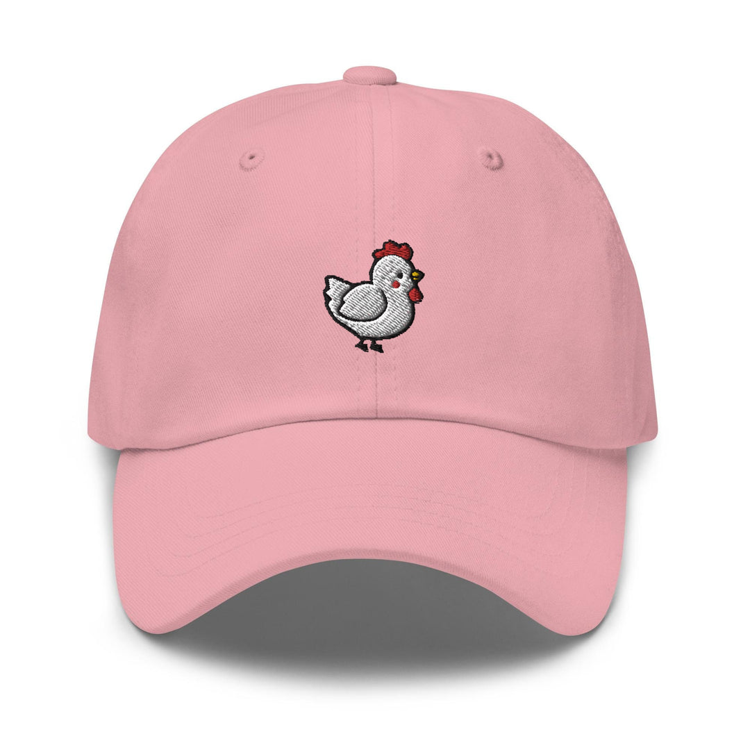 a pink hat with a chicken embroidered on it