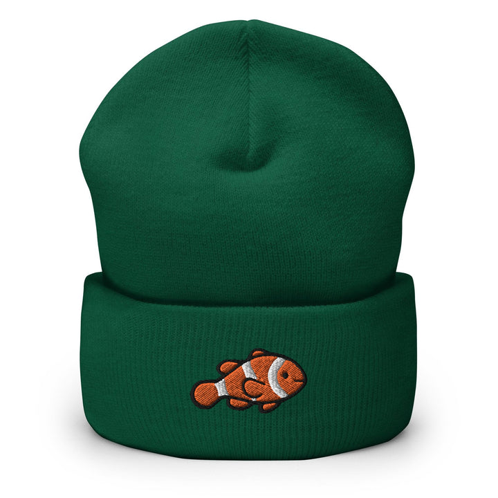 a green beanie with an orange clown fish on it