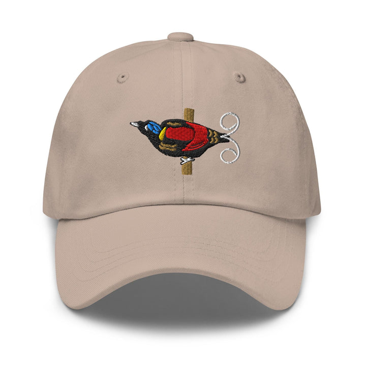 a baseball cap with a bird embroidered on it