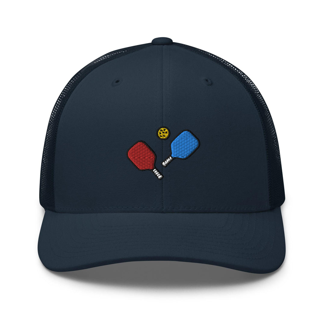 a blue hat with two ping pong paddles on it