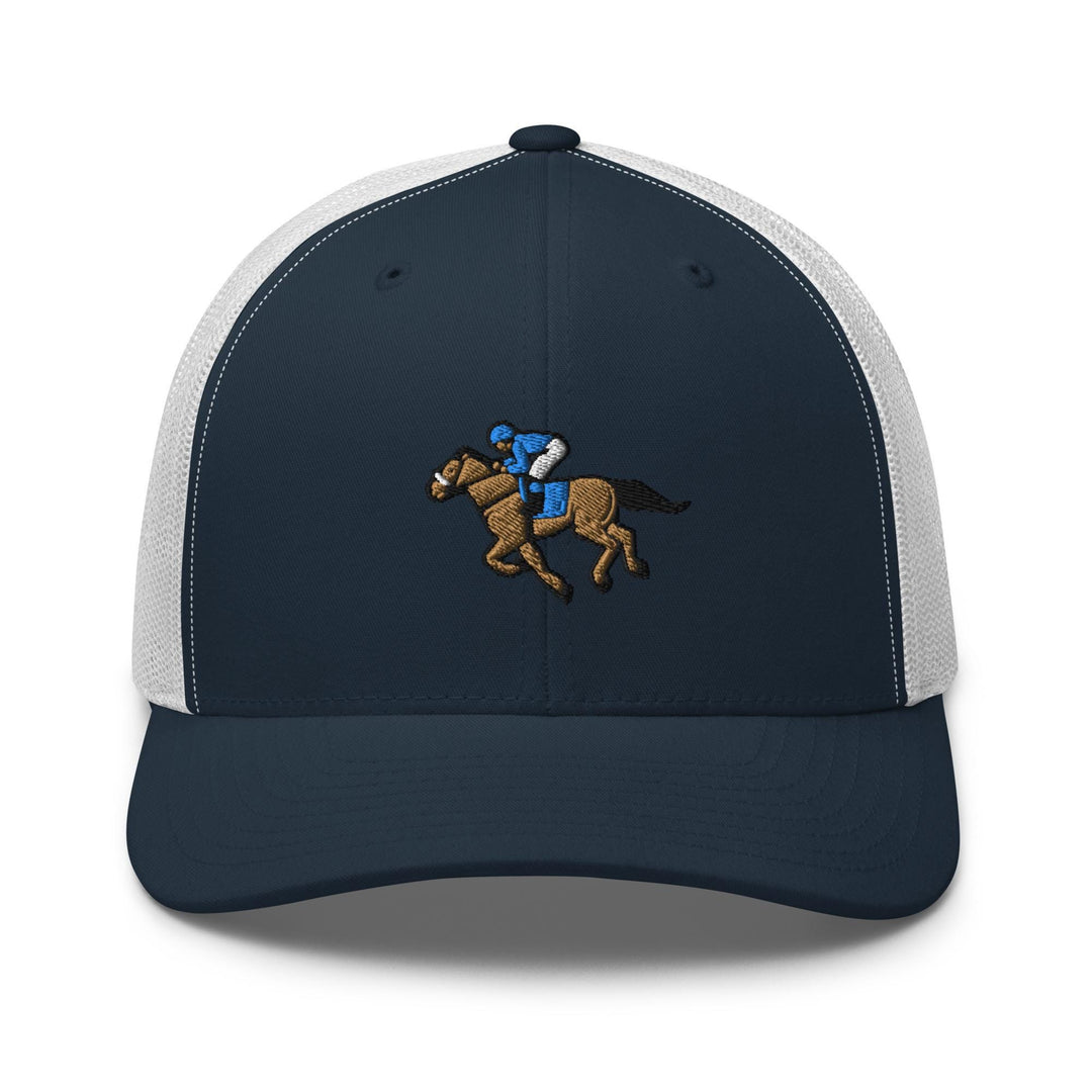 a hat with a horse and jockey on it