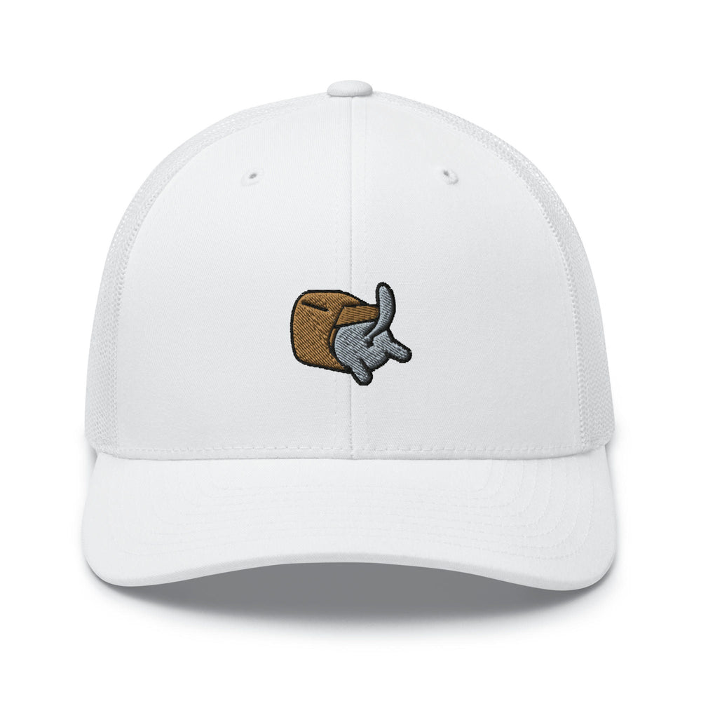 a white baseball cap with an image of an elephant holding a piece of bread