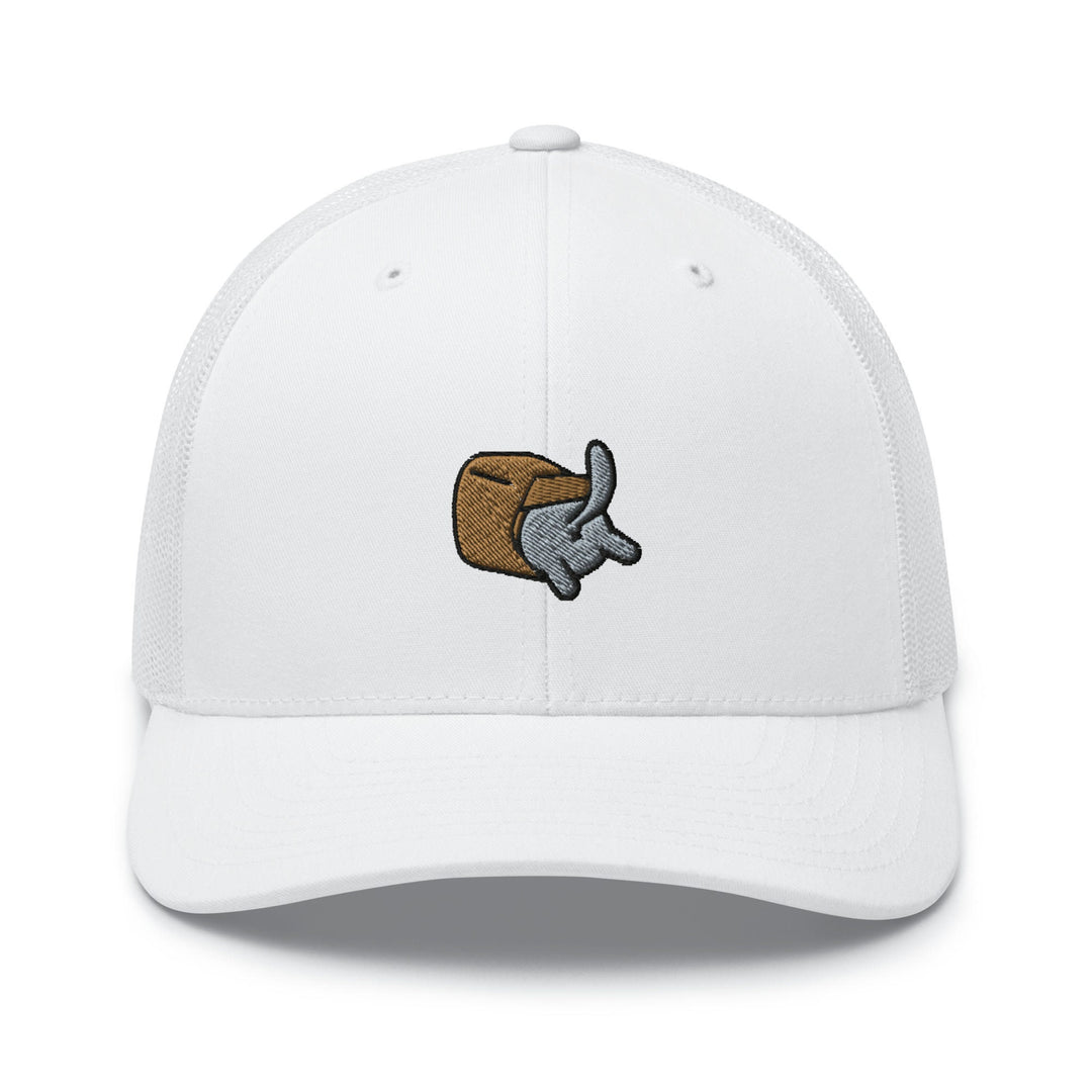 a white baseball cap with an image of an elephant holding a piece of bread