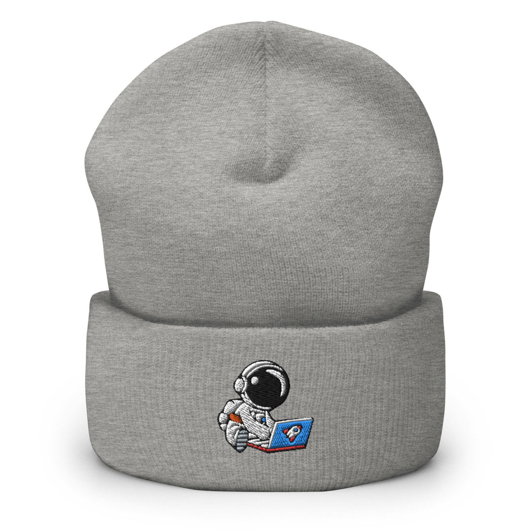 a gray beanie with an astronaut on it