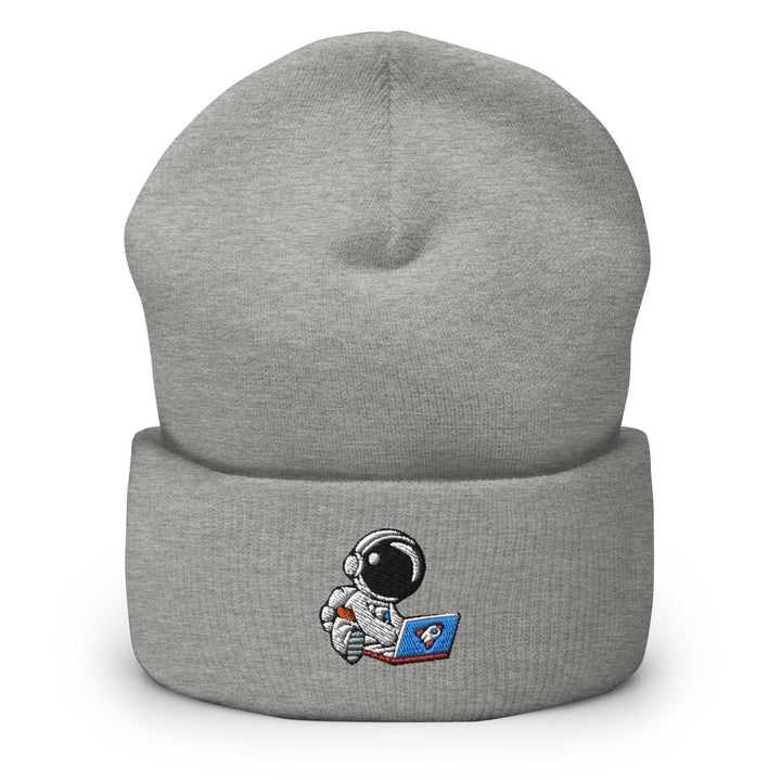 a gray beanie with an astronaut on it