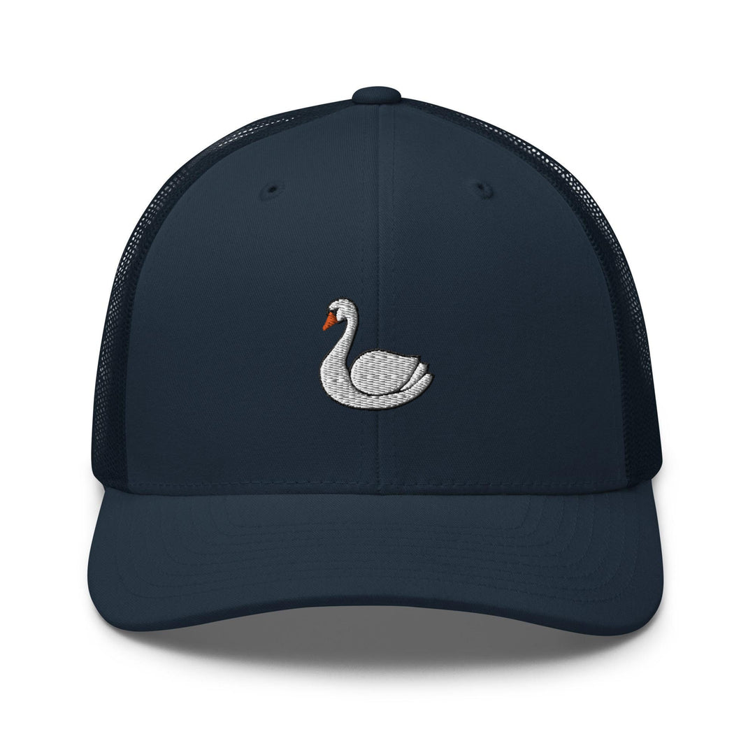 a blue trucker hat with a white swan embroidered on the front