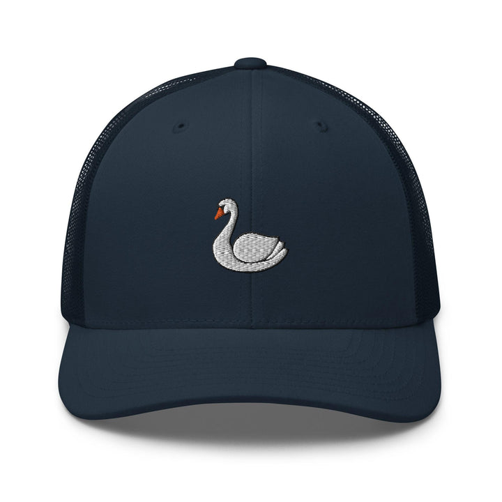 a blue trucker hat with a white swan embroidered on the front
