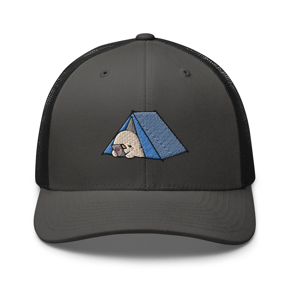 a gray and black trucker hat with a picture of a tent