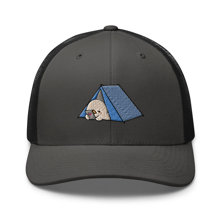 a gray and black trucker hat with a picture of a tent