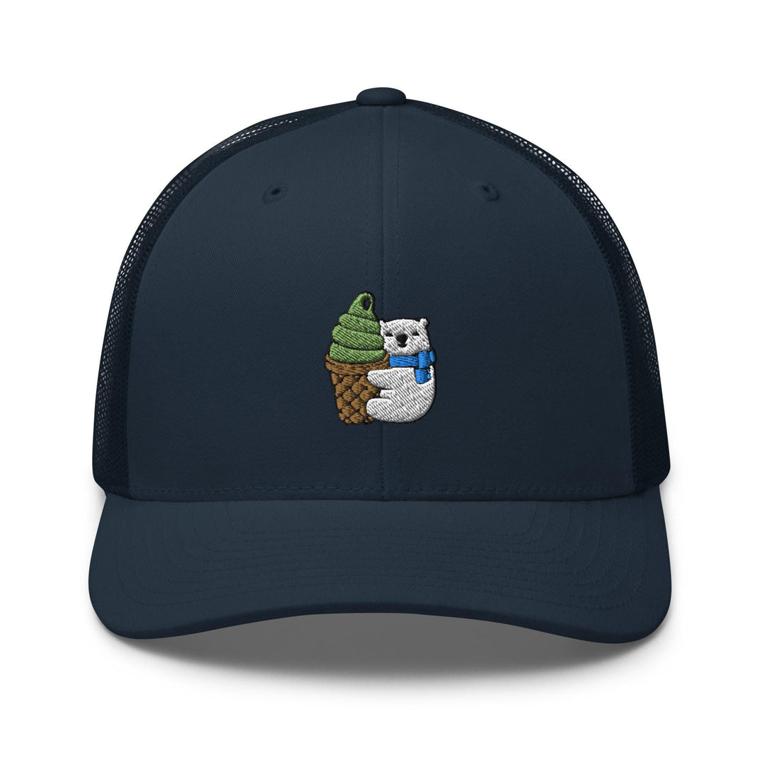 a blue trucker hat with an image of an owl holding an ice cream cone