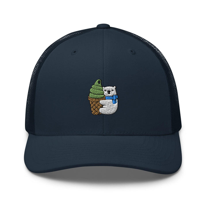 a blue trucker hat with an image of an owl holding an ice cream cone