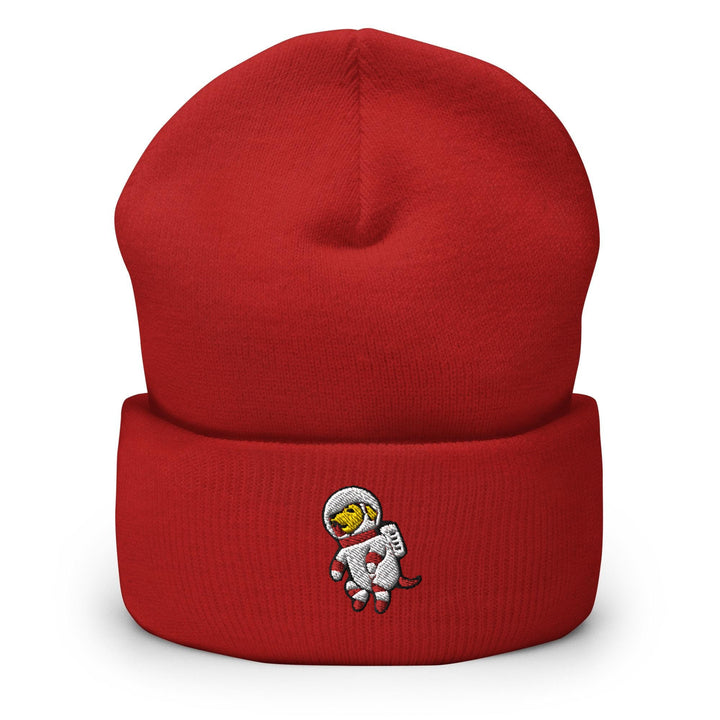 a red beanie with a cartoon character on it