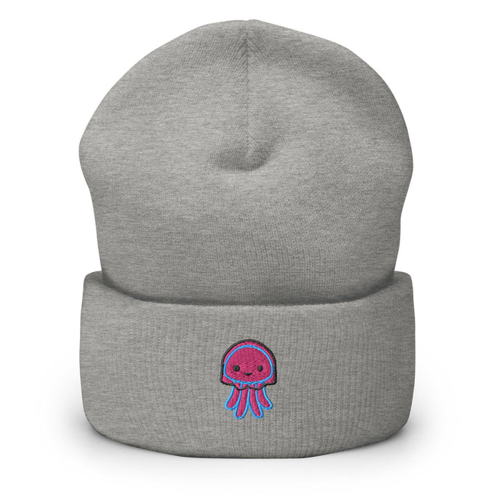 a gray beanie with a pink jellyfish on it