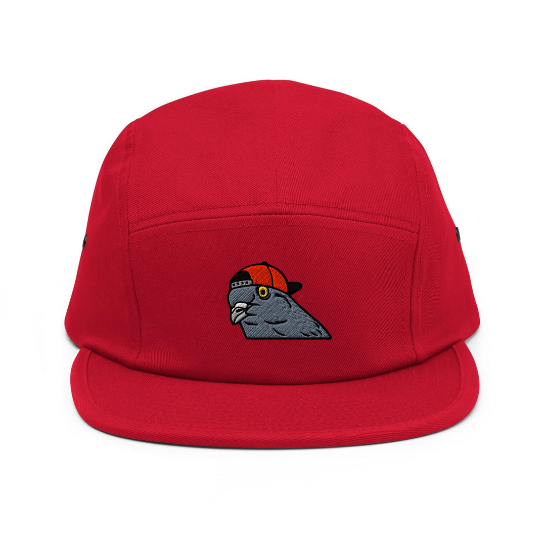 a red hat with a bird embroidered on it