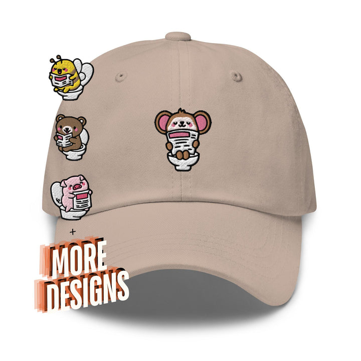 a baseball cap with stickers on the front of it