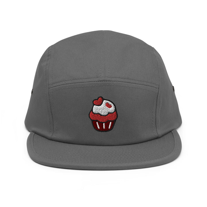 a gray hat with a cupcake embroidered on it