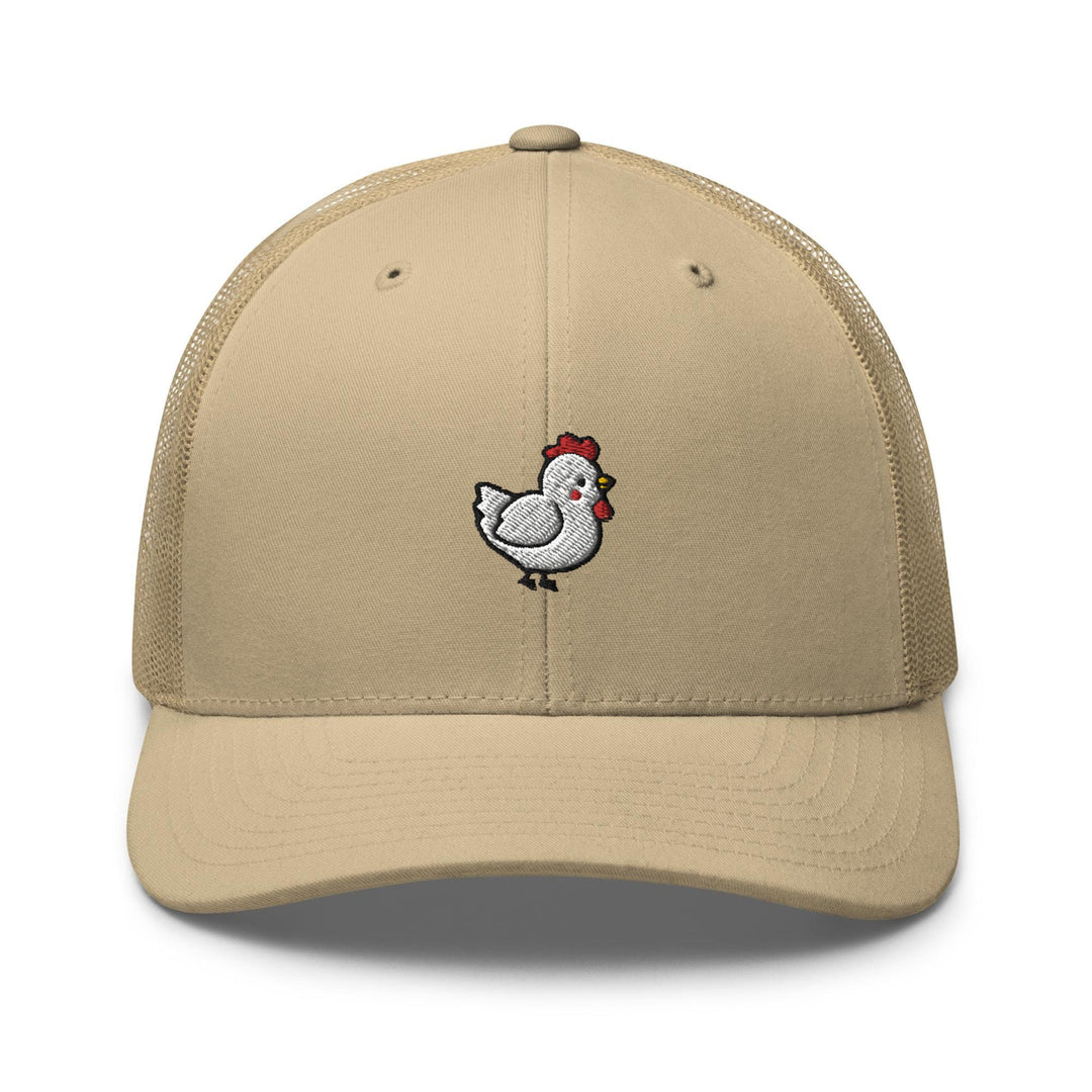a tan trucker hat with a chicken embroidered on the front