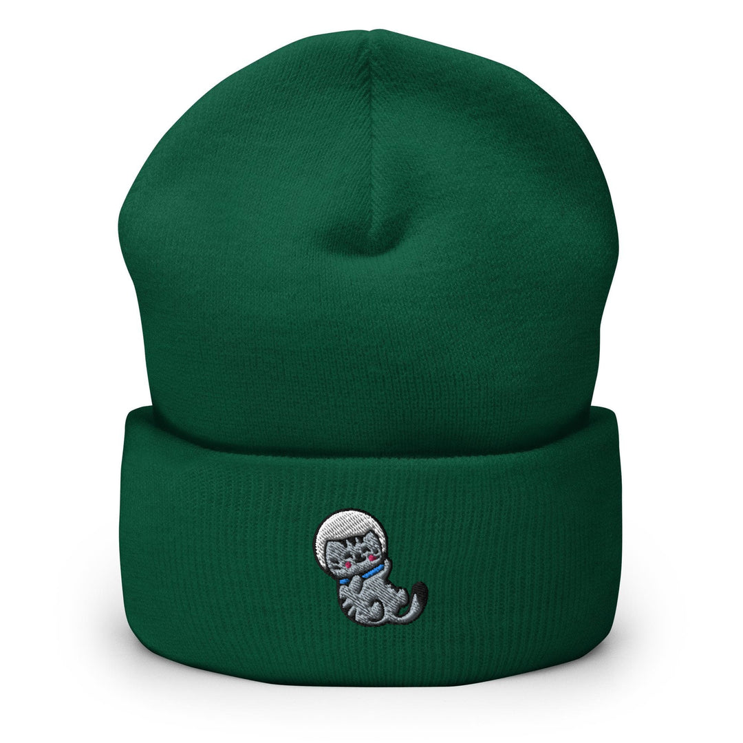 a green beanie with a cartoon cat on it