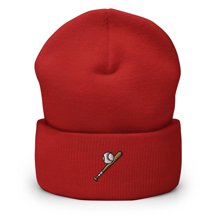 a red hat with a baseball bat on it