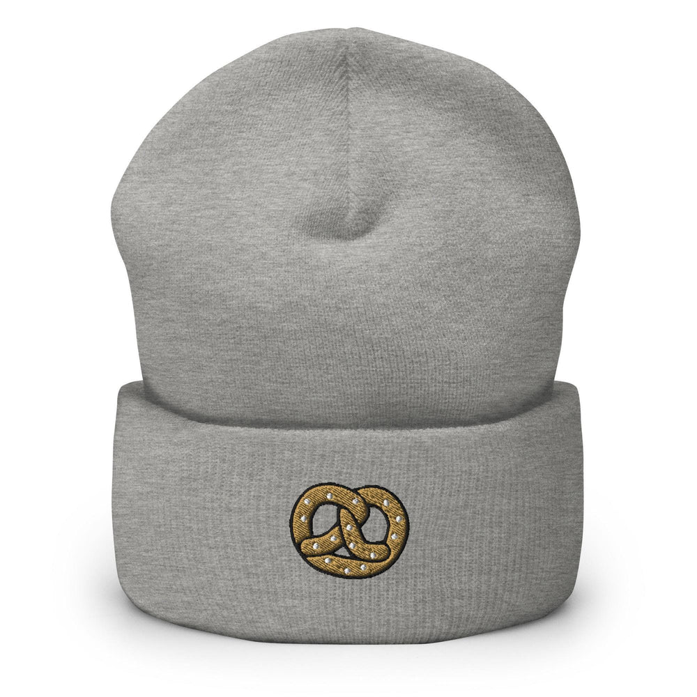 a grey beanie with a pretzel on it