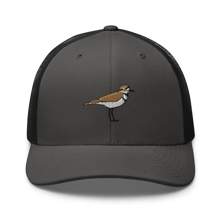 a gray and black hat with a bird embroidered on it