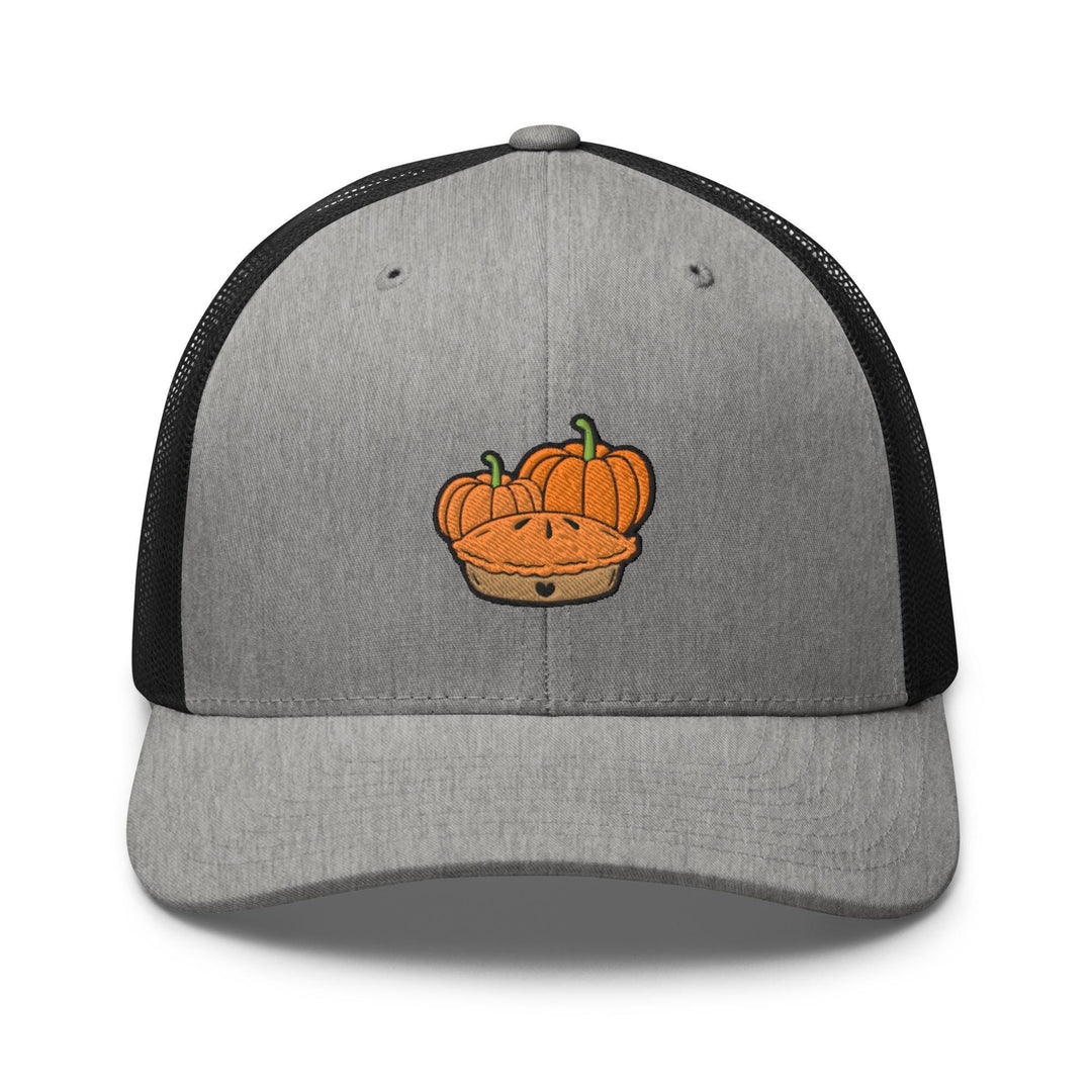 a gray and black trucker hat with a picture of a pumpkin in a basket