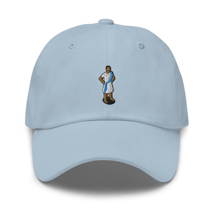a light blue hat with an image of a basketball player