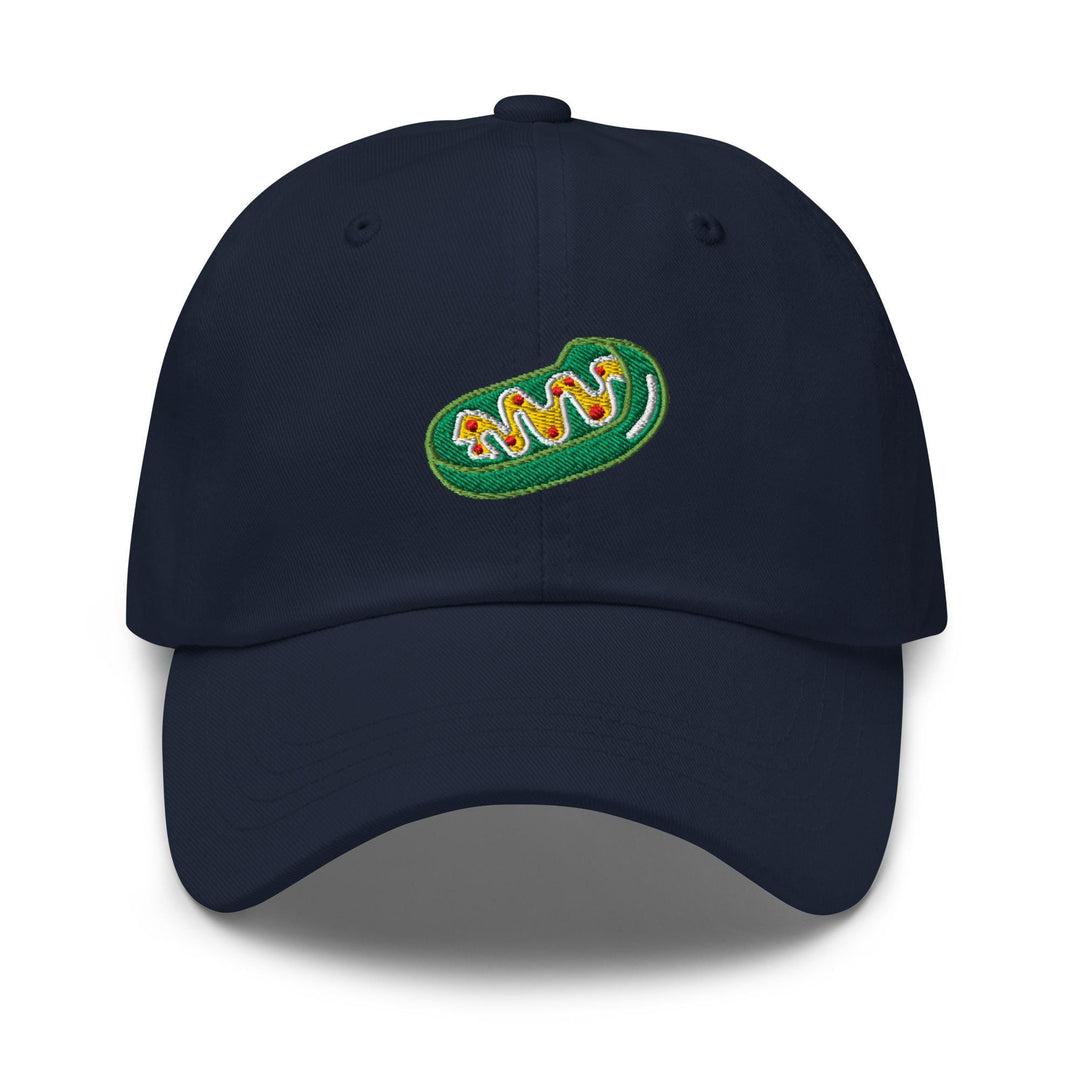 a navy hat with a green and yellow logo
