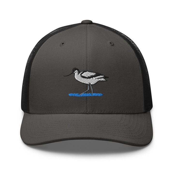 a grey and black trucker hat with a stork on it