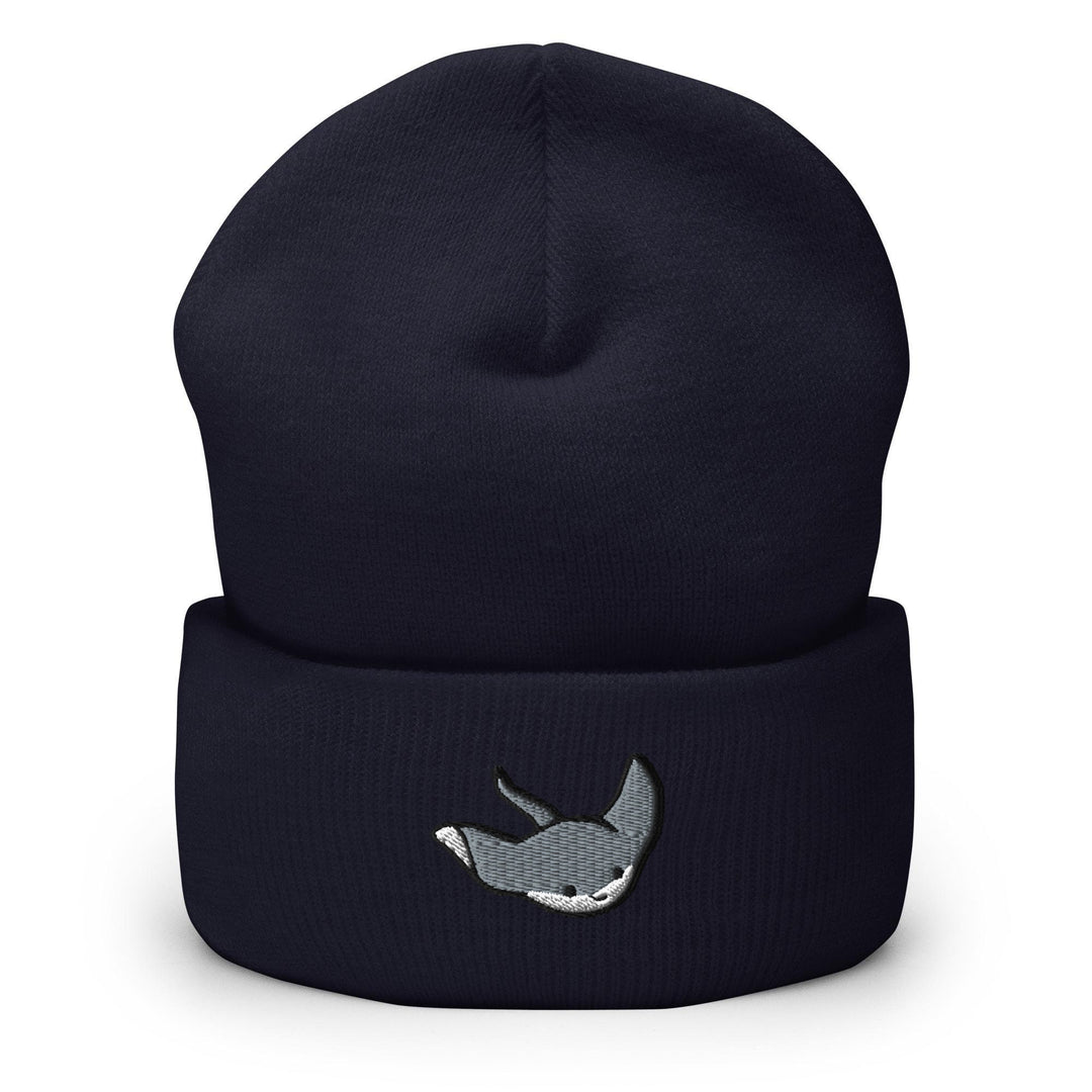 a black beanie with a bird embroidered on it