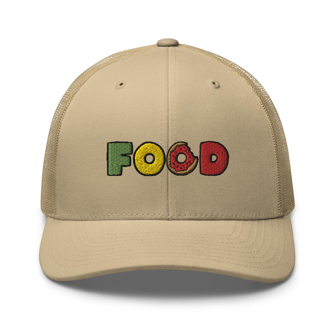 a trucker hat with the word food painted on it