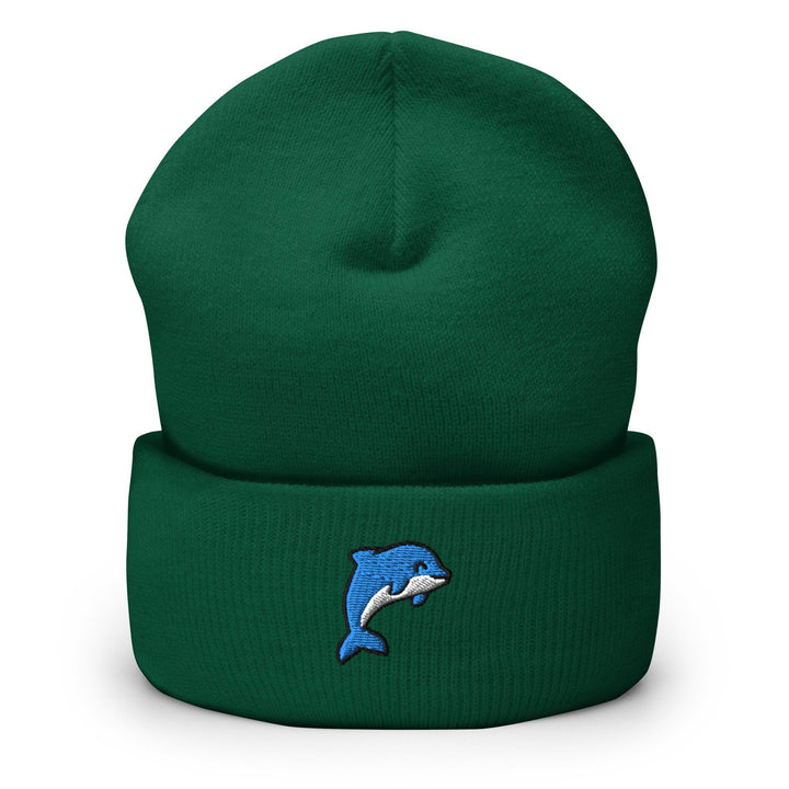 a green beanie with a dolphin embroidered on it