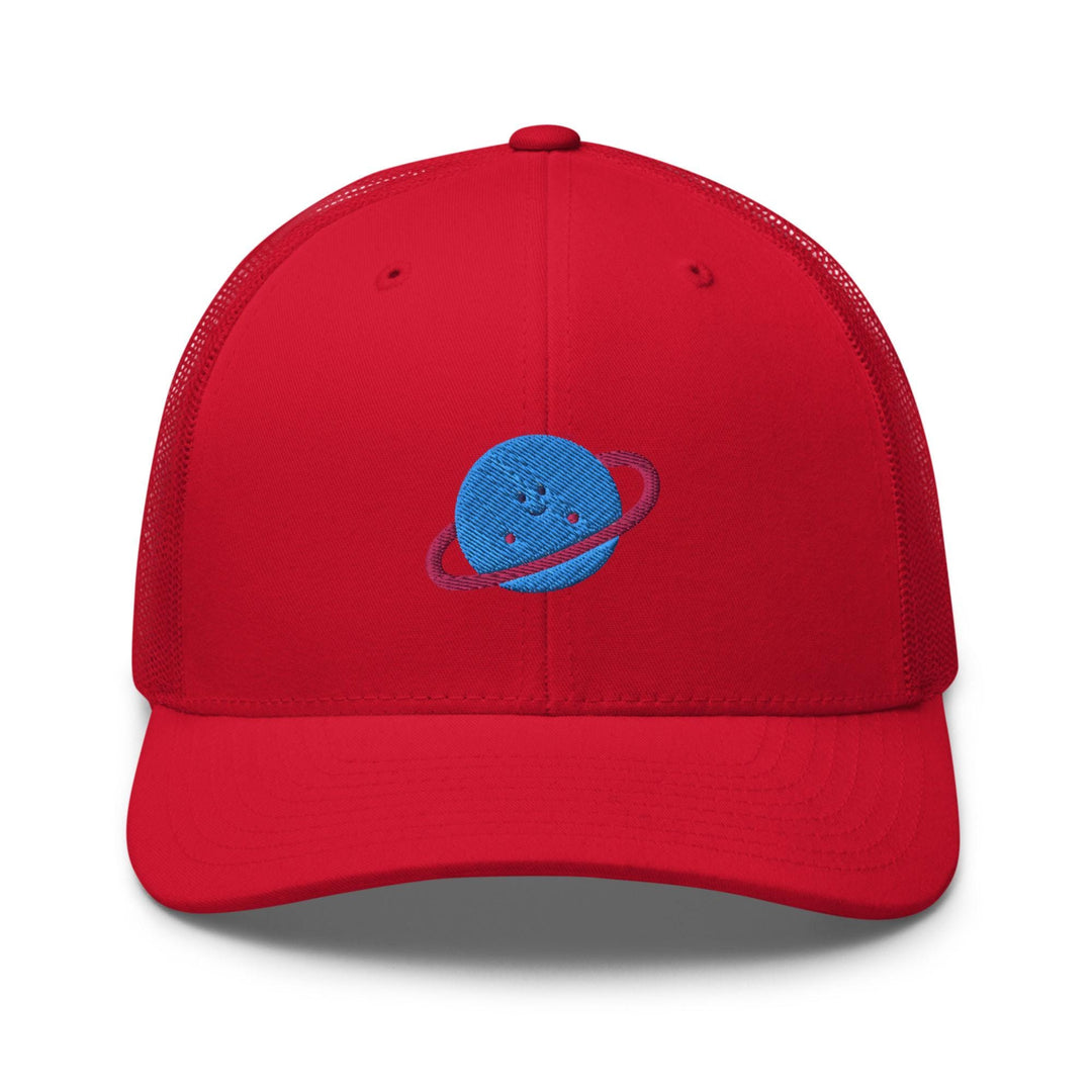 a red hat with a blue planet embroidered on the front