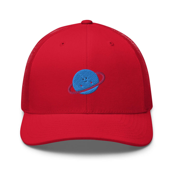 a red hat with a blue planet embroidered on the front