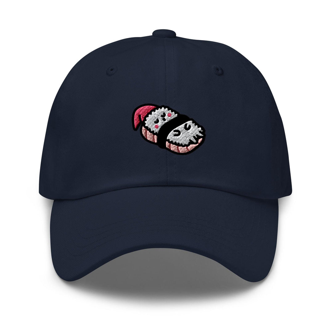 a baseball cap with a picture of a smiling skeleton wearing a santa hat