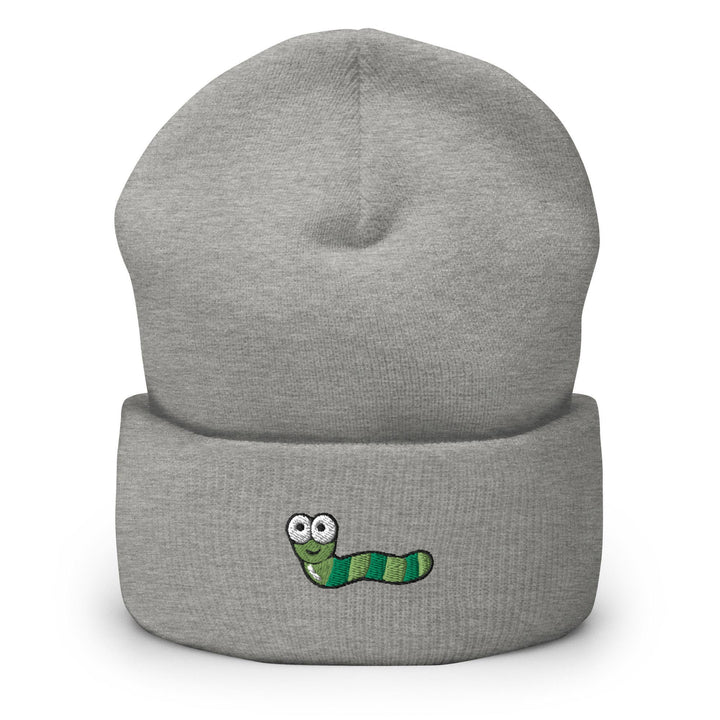 a gray beanie with a green caterpillar embroidered on it