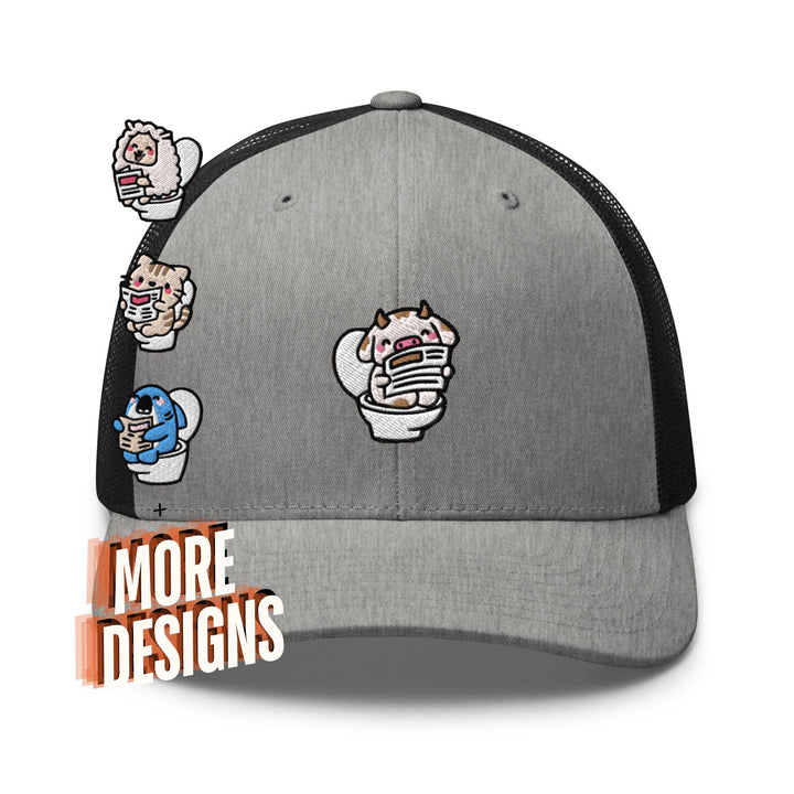 a gray and black hat with cartoon characters on it