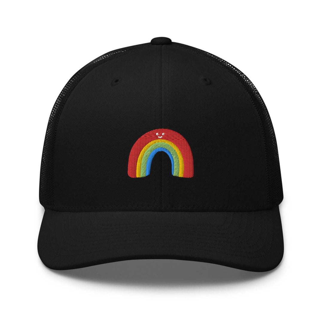 a black trucker hat with a rainbow on it