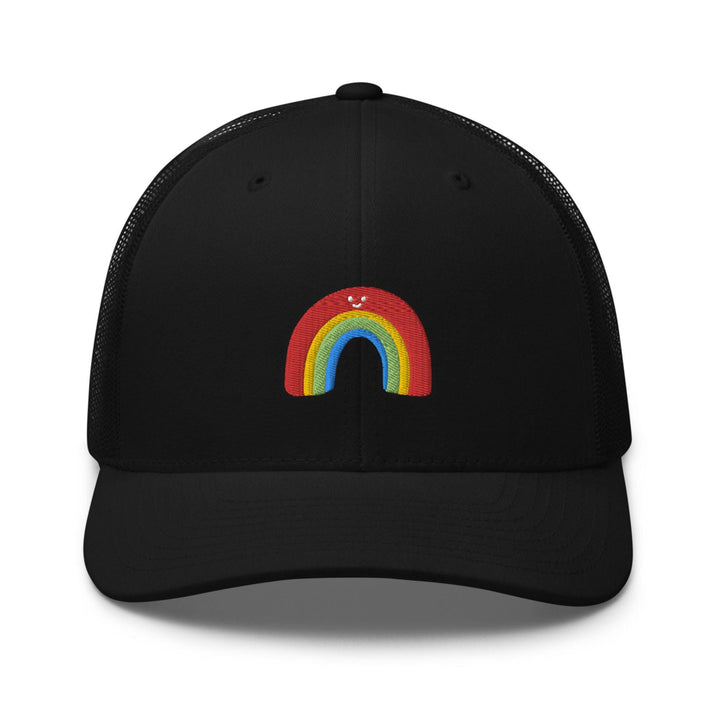 a black trucker hat with a rainbow on it