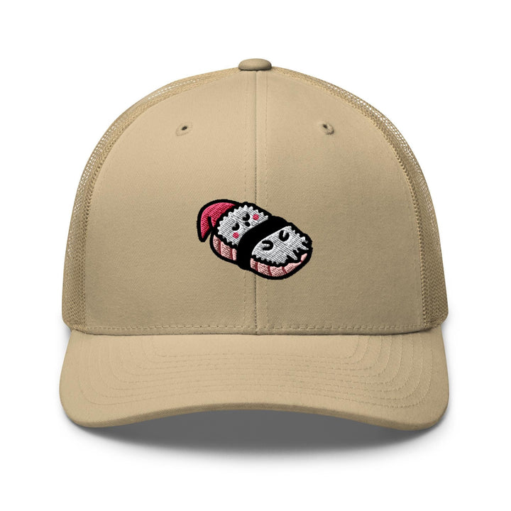 a tan trucker hat with a picture of a dog wearing a santa hat