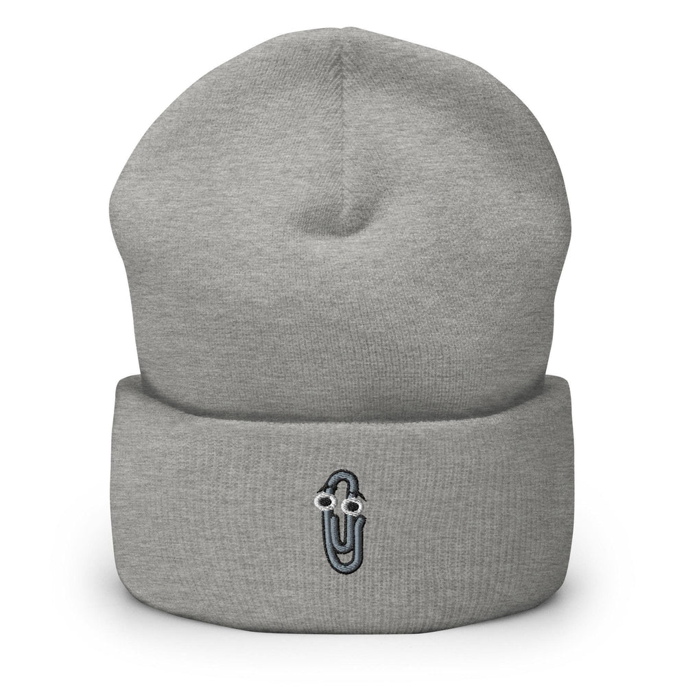 a grey beanie with a black and white logo